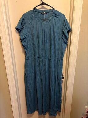 BloomChic Teal Pleated Ruffle-Sleeve Midi Dress